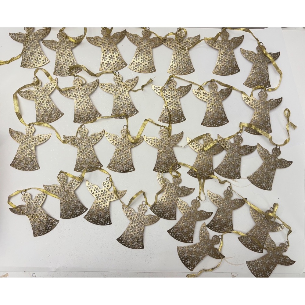 Vintage Gold Metal Snowflake Cutout Angel Christmas Garland 3 Strands 30 Angels